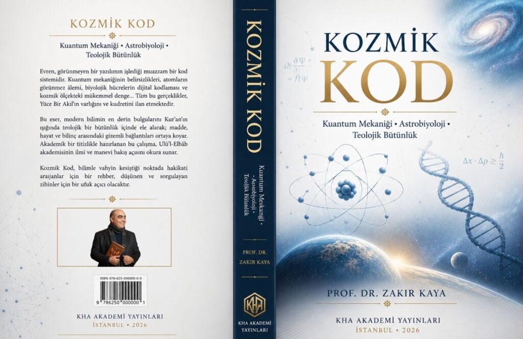Prof. Dr. Zakir Kaya’nın yazdığı, kuantum mekaniği, astrobiyoloji ve teolojiyi inceleyen Kozmik Kod kitabı kapak görseli.