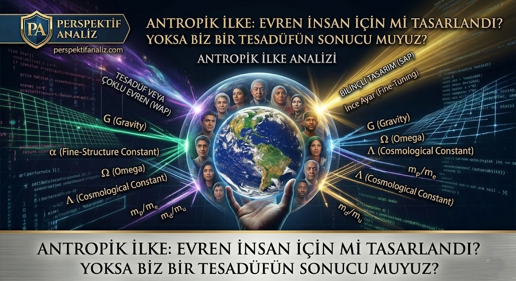 Kozmik arka planda hassas ayarlı fizik sabitleri formülleri, dünya, insan silueti ve antropik ilke bilim felsefesi analizi.