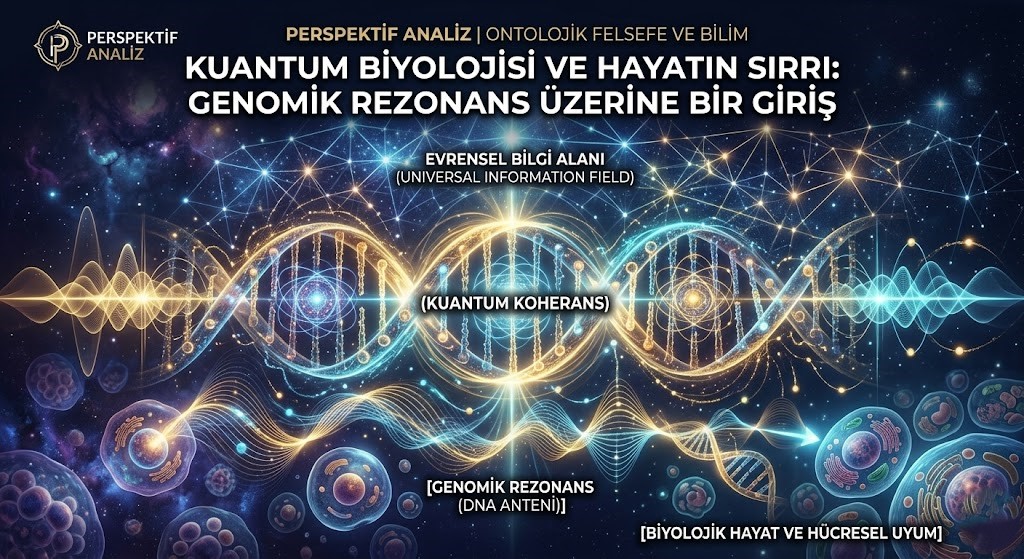 Kuantum biyolojisi paradigması ve DNA sarmalı üzerinde genomik rezonans dalga fonksiyonu gösterimi.