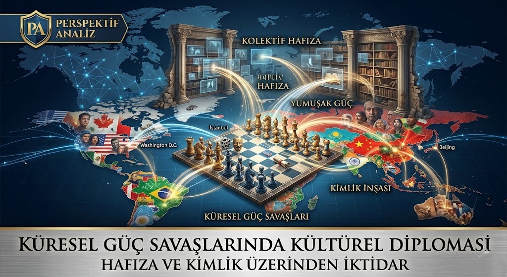 Küresel güç savaşları ve kültürel diplomasi kapsamında dünya haritası üzerinde satranç taşları ve elektromanyetik veri ağları şeması.