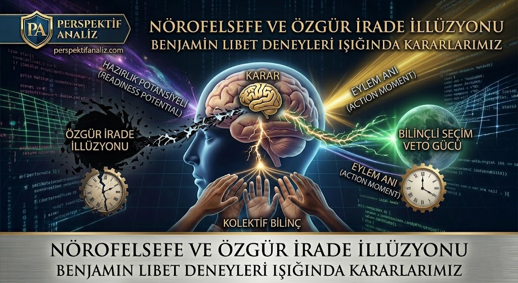 İnsan beyni sinapsları, Benjamin Libet hazırlık potansiyeli grafiği, saat dişlileri ve özgür irade illüzyonu nörofelsefe analizi.