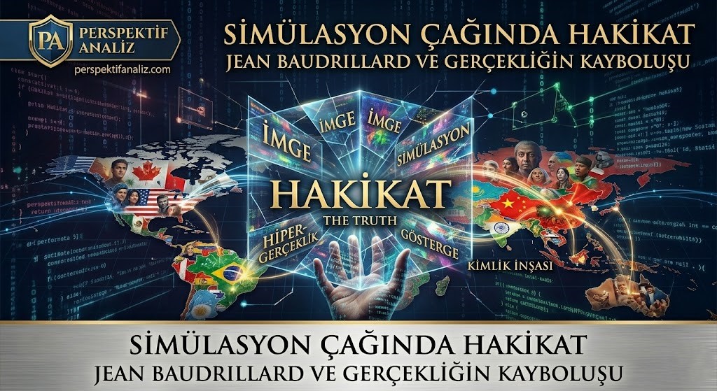Jean Baudrillard simülasyon teorisi, dijital ekranlar arkasındaki insan silueti ve hiper-gerçeklik felsefi analizi.