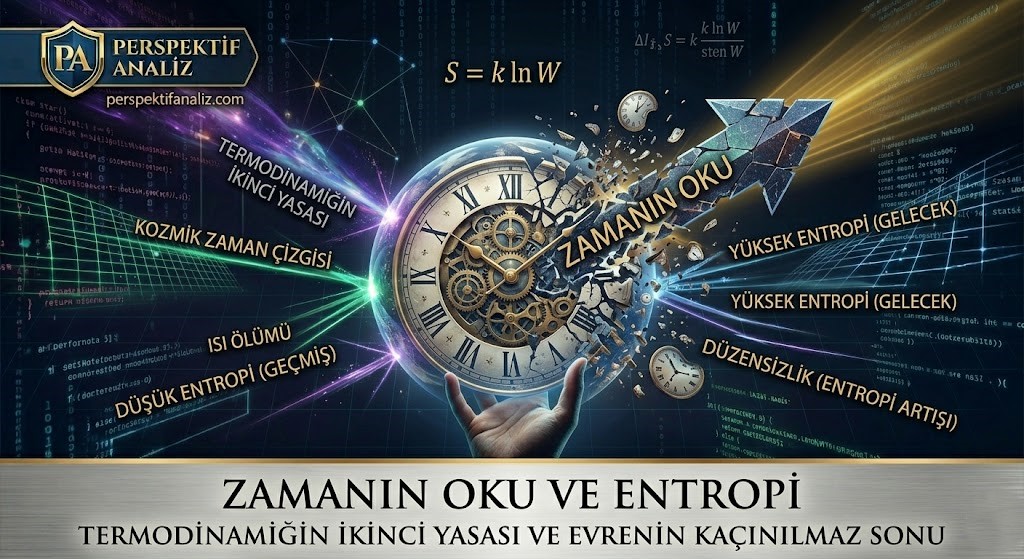 Zamanın oku kavramı, kırılan kum saati, eriyen saat dişlileri ve evrenin entropi artışı fizik felsefesi analizi.