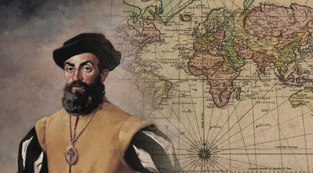 Magellan’ın temsilî portresi ve 16. yüzyıla ait eski bir dünya haritası/filo illüstrasyonu