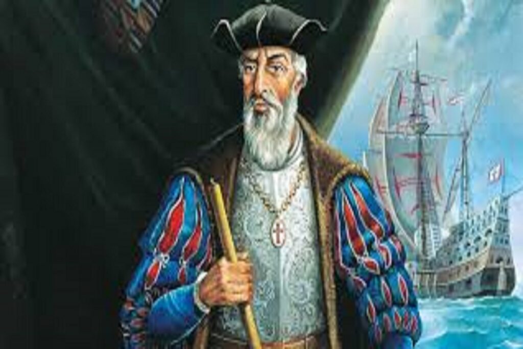 Vasco da Gama'nın portresi ve seferlerinde kullandığı gemilerin okyanustaki temsili görüntüsü